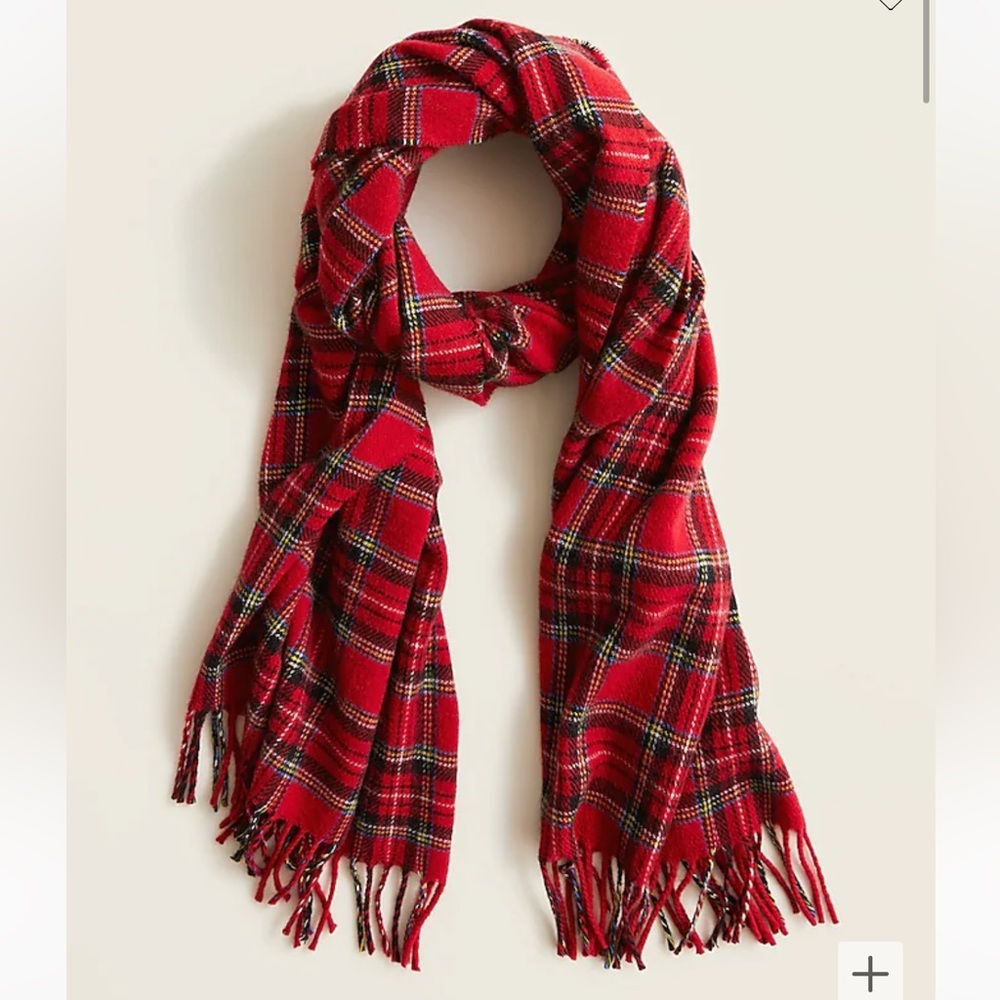 NWT, J. Crew, Red Tartan Italian Wool Plaid Fringed Scarf